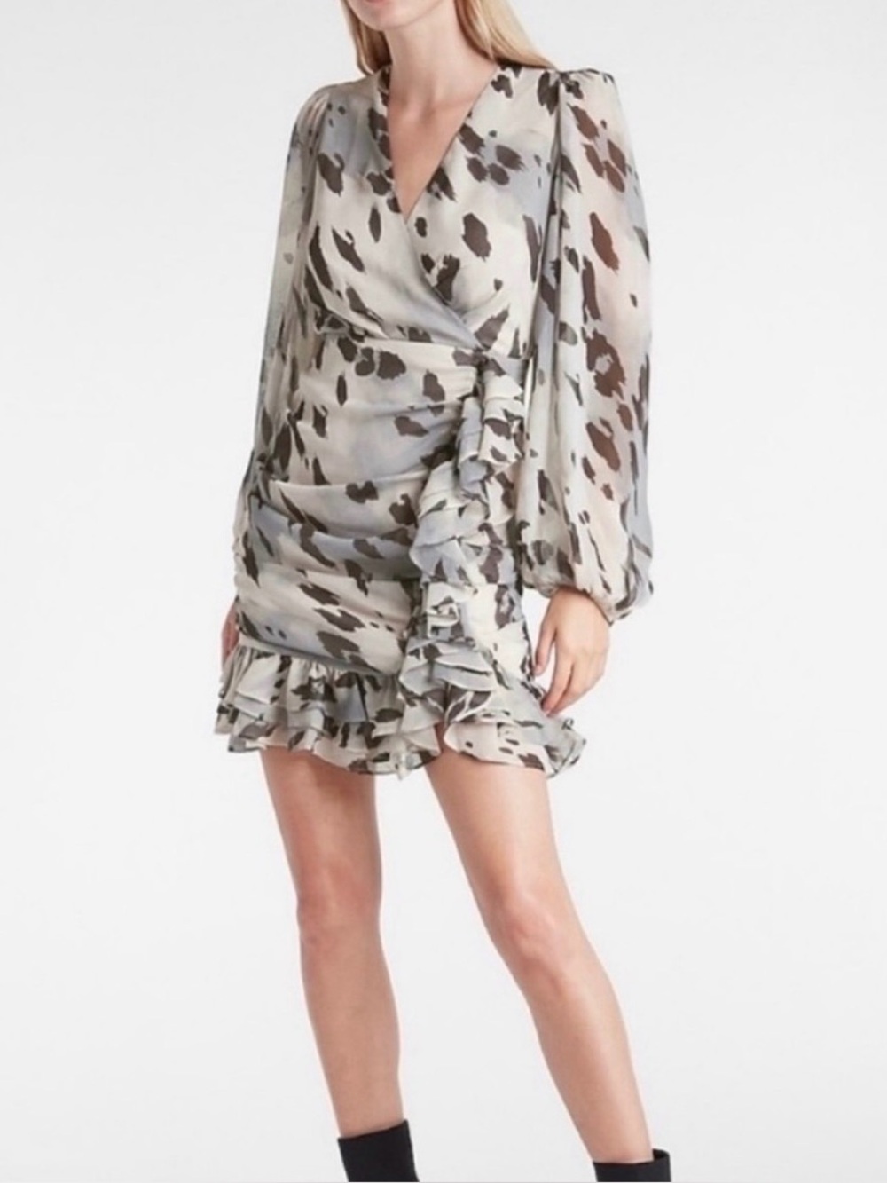 NWOT EXPRESS CHEETAH PRINT FAUX WRAP RUFFLE MINI DRESS
